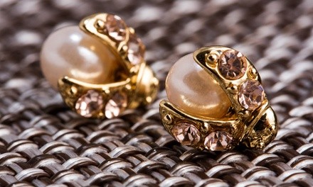 18K Gold Plated Rose Gold and Pearl Ladybug Stud Earrings by Peermont