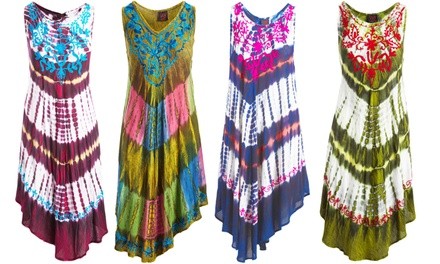 Women's Summer Casual Light Cover-up Tie-Dye Sun Dress with Tropical Print