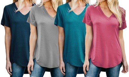 Reflection Women's Solid Round-Hem V-Neck Tee. Plus Sizes Available.