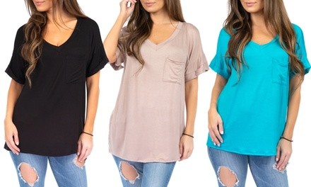 Women's V-Neck T-Shirt with Cuff Sleeves L-3X (2-Pack)