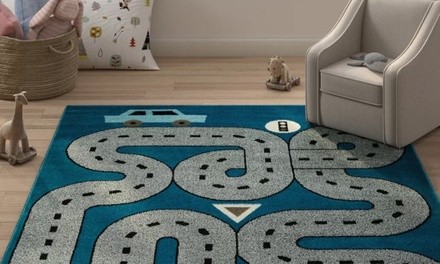 LR Home Kids Car and Road-Themed Area Rug