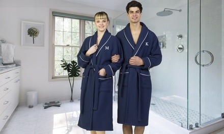 Linum Turkish Cotton Waffle Terry Robe with Block Monogram