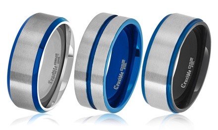 Men's Blue Plated Brushed Stainless Steel Grooved Comfort Fit Wedding Bands by Crucible