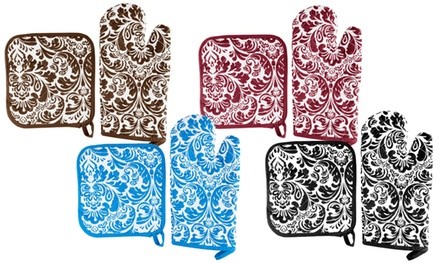 Lavish Home Flame and Heat Resistant Damask Quilted Oven Mitt and Pot Holder Set