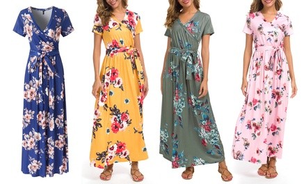 Lilly Posh Women's Faux Wrap Floral Maxi Dress. Plus Sizes Available.