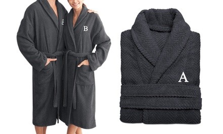 Linum Unisex Turkish-Cotton Herringbone Robe with White Block Monogram 