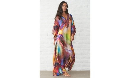 Retro Print V-neck Beachwear Casual Maxi Dress Cover-Ups Beach Dress