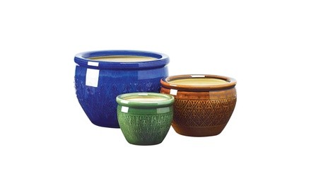 Set of 3 Brilliant Bright Jewel Colored Ceramic Garden Planter Pots