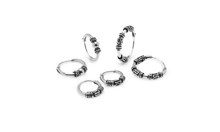 Sterling Silver 10mm 12mm 14mm Bali & Bali Bead Endless Hoop Earrings Set of 3