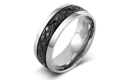 Diagonal Cut Pattern Black IP Centered Men's Titanium Ring