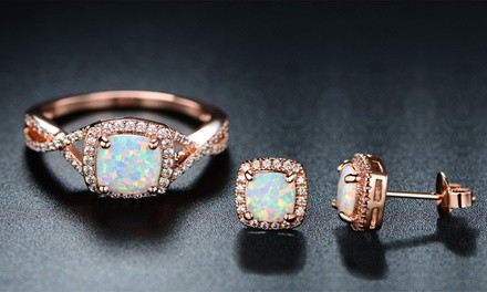 18K Rose Gold Plated & Fire Opal Stud Earrings and Ring Set By Peermont