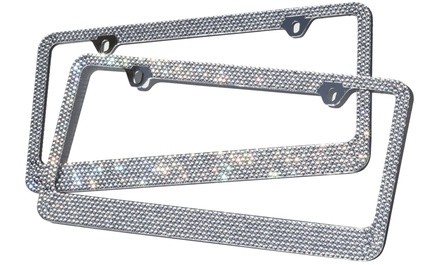 Metal License Plate Frame with Glitter Bling Rhinestone Diamonds (2-Pack)