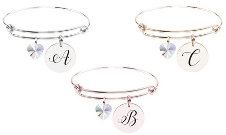 Pink Box Stainless Steel Initial Bangle made with Crystals from Swarovski