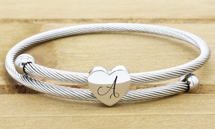 Expandable Heart Cable Initial Bracelet by Pink Box