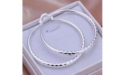 Women's 925 Sterling Silver Textured Large Round Hoop Earrings