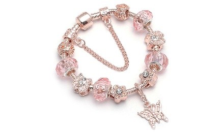 18K Rose Gold Plated Pink Crystal Butterfly Charm Bracelet Made With Swarovski Elements