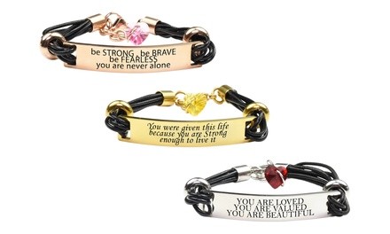 Genuine Leather Inspirational Bracelet with Crystals from Swarovski with Free Leather Heart Charm Bracelet by Pink Box