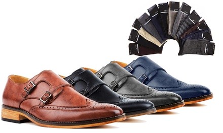 Father's Day Gino Vitale Men's Monk Strap Brogue Shoes with Dress Socks