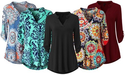 Haute Edition Women's Floral 3/4 Roll Sleeve Tunic Top