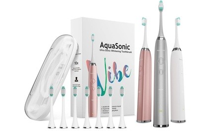 AquaSonic VIBE UltraSonic Whitening Toothbrush with 8 DuPont Brush Heads and Travel Case