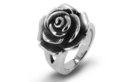 Stainless Steel Blooming Antiqued Rose Ring