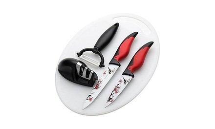 Non-Stick Knives Set with Knife Sharpener, Cutting Board, and Peeler (5-Piece)