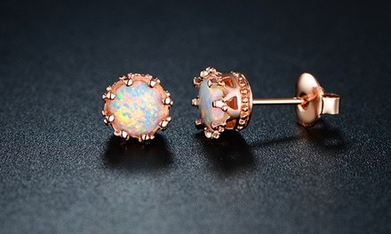 Fire Opal Crown Stud Earrings in 18K Rose Gold Plating