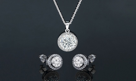 Round Halo Pendant and Earring Set Made with Swarovski Elements