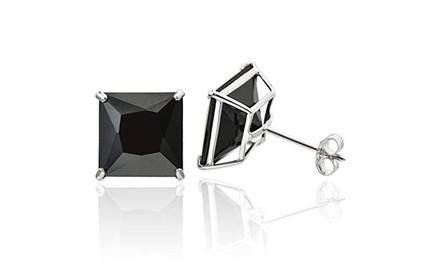 10K White Gold 9 mm Princess Black Cubic Zirconia Stud Earrings