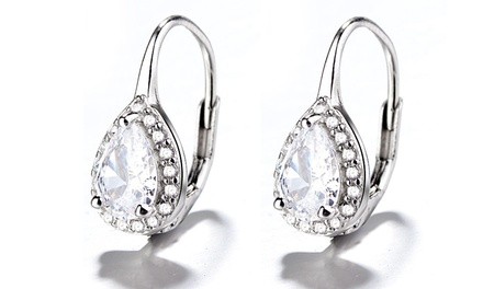 Sterling Silver Water Drop Omega Leverback Halo Earrings with Swarovski Crystals