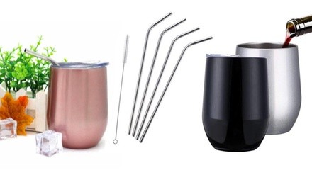 Portable Insulated Stainless Steel Wine or Coffee Tumbler with Lid (1- or 3-Pack with 4 Reusable Straws)