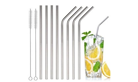 Stainless Steel Drinking Straws, Bent or Straight, with Brush (4 or 8-Pack)