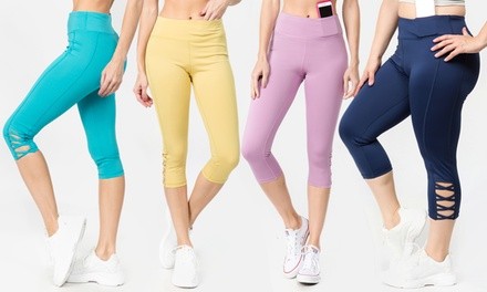 Style Clad Women's Active High Rise Lattice Capri Leggings. Plus Sizes Available.