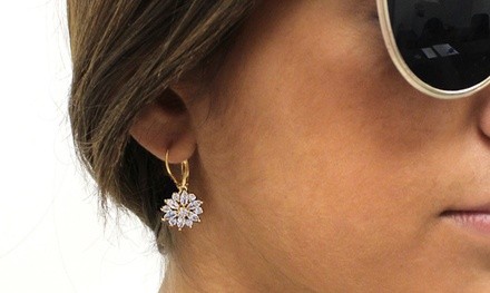 Crystal Starburst Leverback Earrings in 14K White, Yellow, or Rose Gold Plating