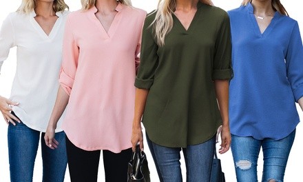 Reflection Women's Solid Notch-Neck Roll Tab Blouse. Plus Sizes Available.