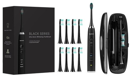 AquaSonic Ultrasonic Toothbrush with 8 Dupont Brush Heads and Travel Case