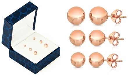 14K Solid Rose Gold Ball Stud Earrings with Gift Box (3 Pairs)