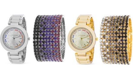 Steve Madden Multi-Colored Stone Fashion Watch & Matching Multi-Row Bracelet 