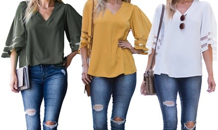 Reflection Women's Mesh Bell-Sleeve Blouse. Plus Sizes Available
