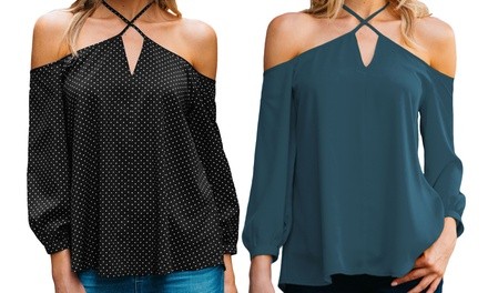 Reflection Women's Cross Neck Halter Blouse. Plus Sizes Available.