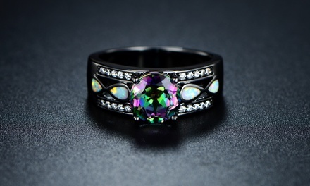 3.00 CTTW Topaz and Opal Ring in Black Rhodium Plating