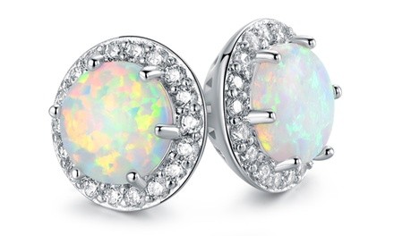 White Fire Opal Round Stud Earrings by Peermont