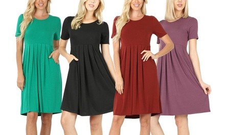 Women's Pleated Waist Round Neck Short Sleeve Dress. Plus Sizes Available.