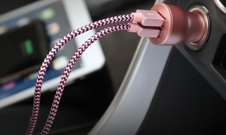 LAX Dual USB Fast Car Charger with Braided 6Ft. Cable for iPhone & Android (1- or 2-Pack)