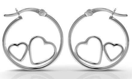 Sterling Silver Classic Hoop with Heart Design Earrings by Paolo Fortelini 