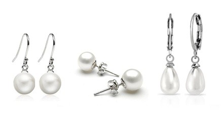 White Pearl Earrings Set in 18K White Gold Plating by Valencia Gems (3 Pairs)