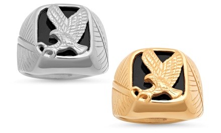 Men's Stainless Steel and Black Enamel Eagle Ring by Steeltime