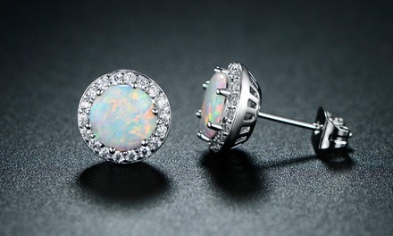 White Fire Opal Round Stud Earrings By Peermont