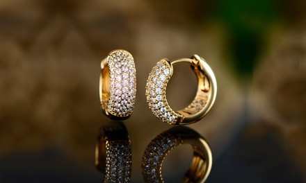 Pave Set Gold Plated Hoop Earrings Made with Swarovski Crystals 