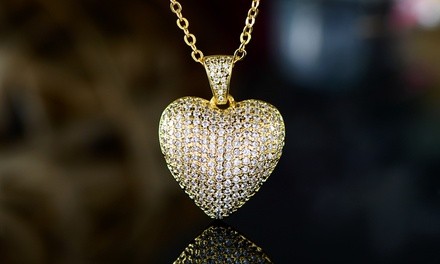 18k Gold Plated Puffed Heart Pendant Necklace Made With Swarovski Crystal